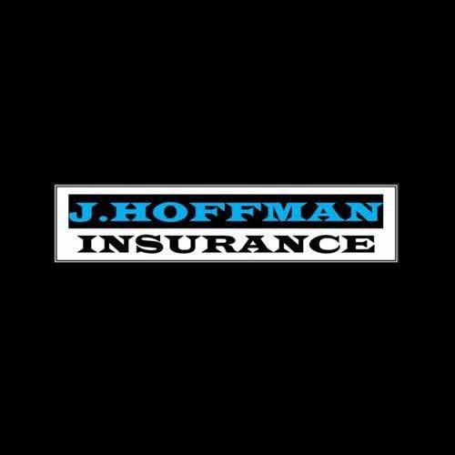 J Hoffman Insurance logo with blue bold lettering on black background and white panel with black text inside a rectangular border